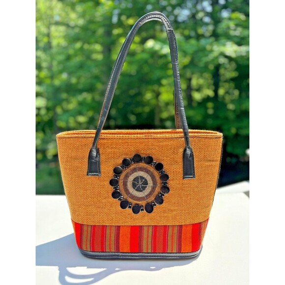 Kenyan Artisan Jute Hand Bag Purse Tote Zippered Hand Made Natural Fiber Beaded - Picture 1 of 16